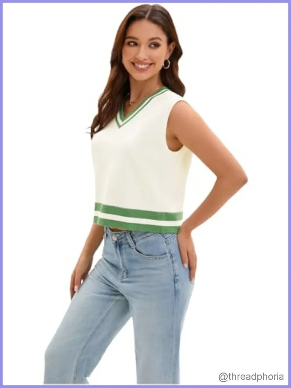 Cropped Sweater Vest V Neck Sleeveless Loose Fit Striped Knit Lightweight